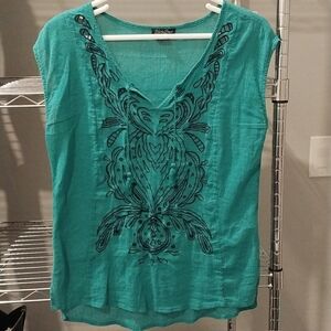 Lucky Brand jade green gauzy embroidered blouse top EUC